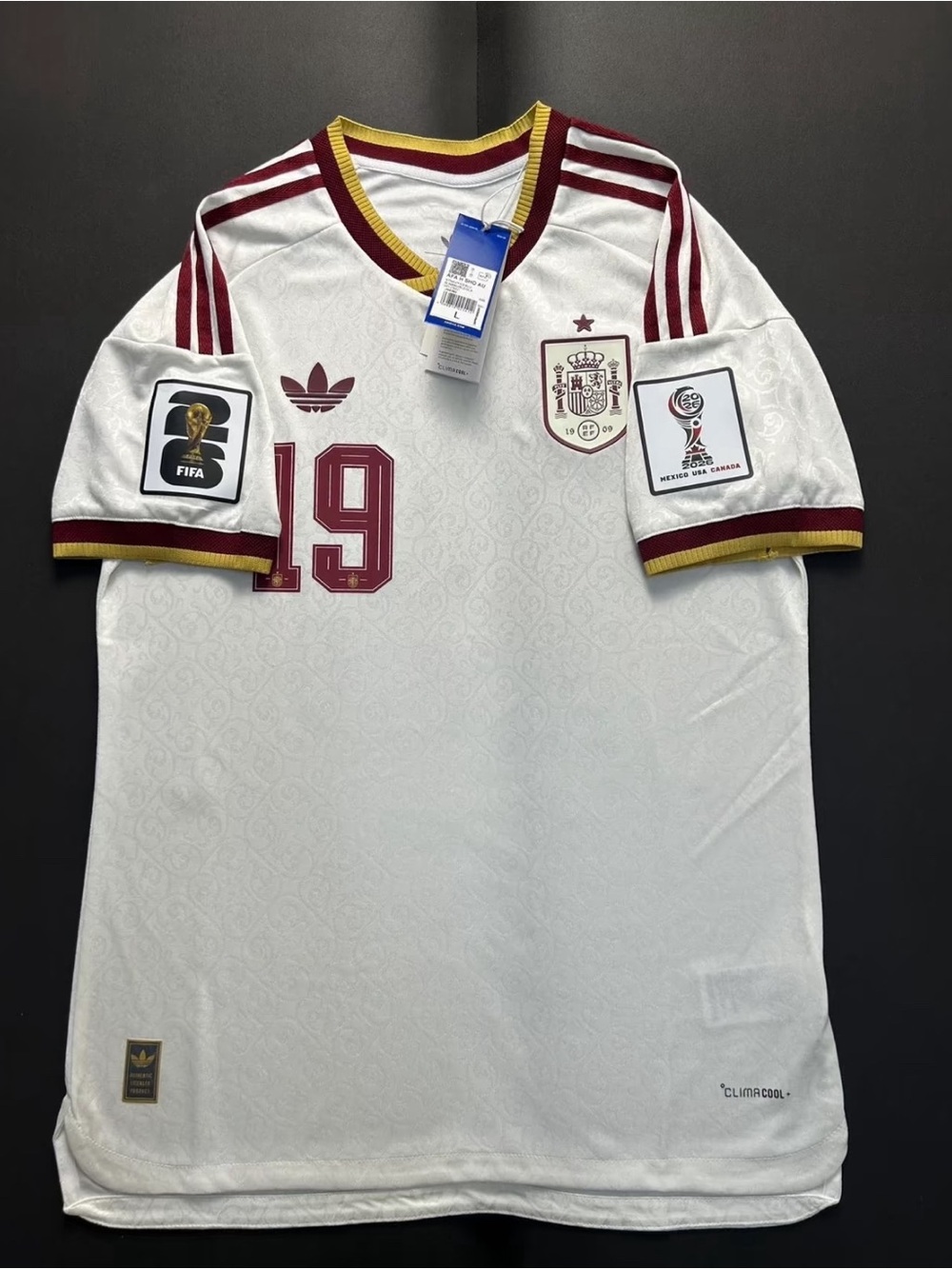adidas White & Maroon Spain Soccer Jersey #19